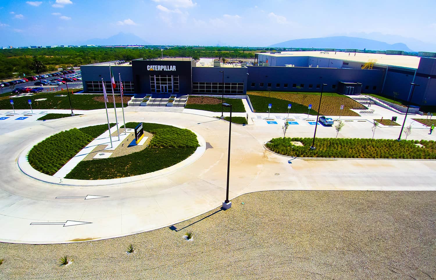 Panoramic view of Caterpillar industrial facility in Cienegas de Flores, Nuevo Leon.