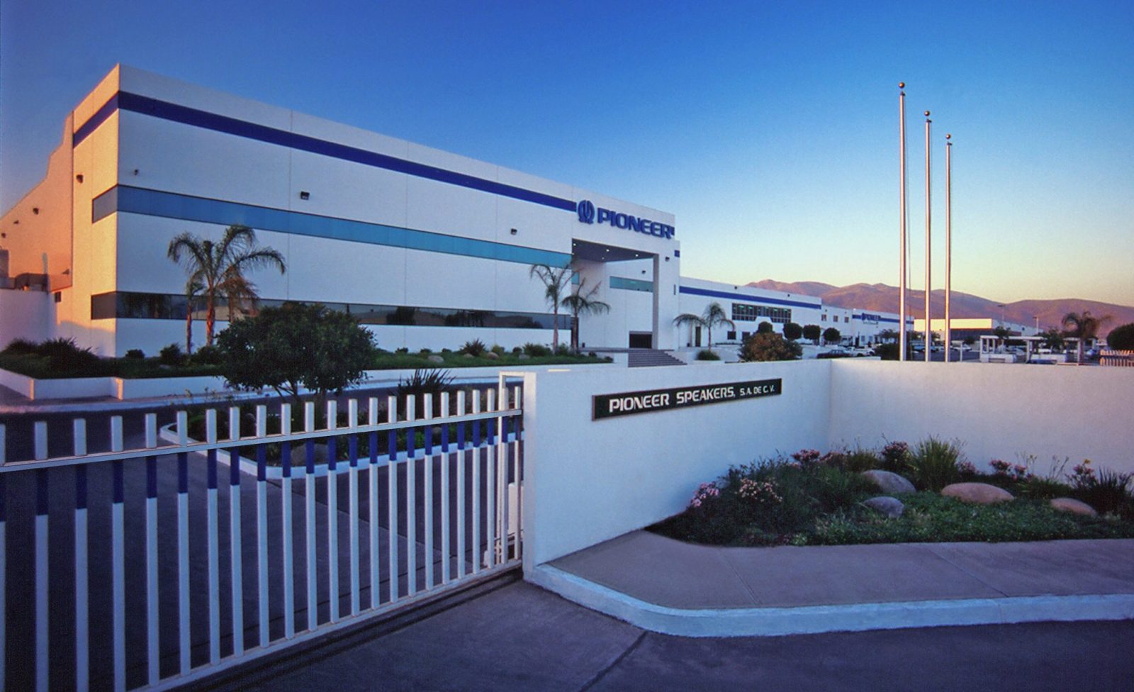 Eye level shot of Pioneer industrial facility in Tijuana, Baja California