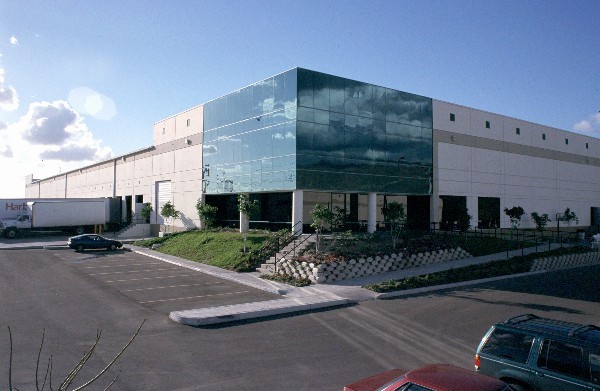Eye level shot of Prologis 3 industrial facility entrance in Tijuana, Baja California.