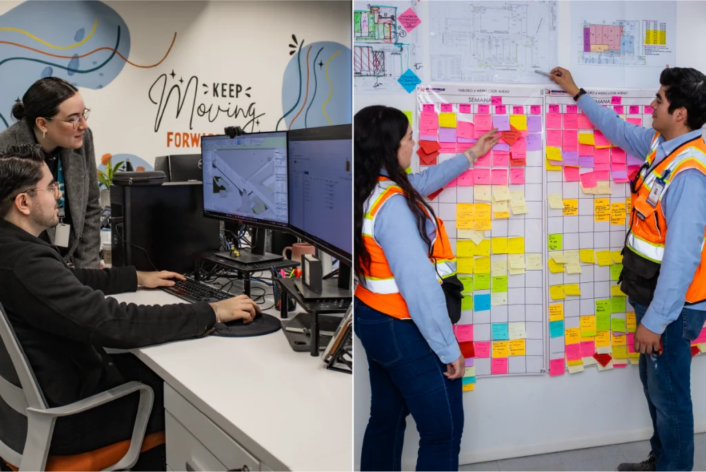 Two images side by side: On the left, a professional team collaborates over BIM software for 3D construction planning; on the right, construction planners discuss a schedule, using a colorful array of sticky notes for task management in preconstruction phases