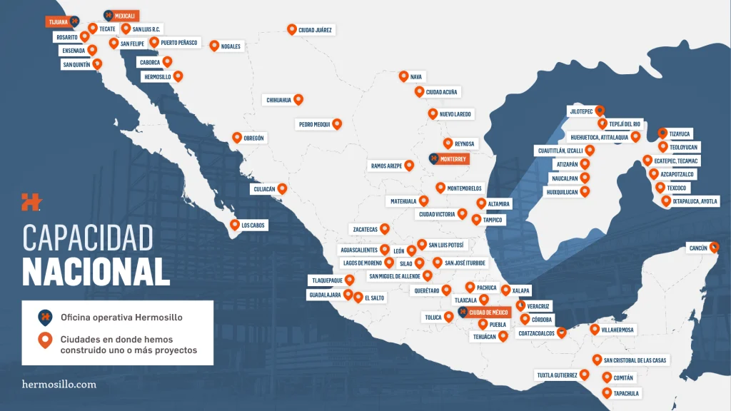 Mapa de oficinas operativas de Grupo Hermosillo y ciudades dónde se ha construido uno o más proyectos en México