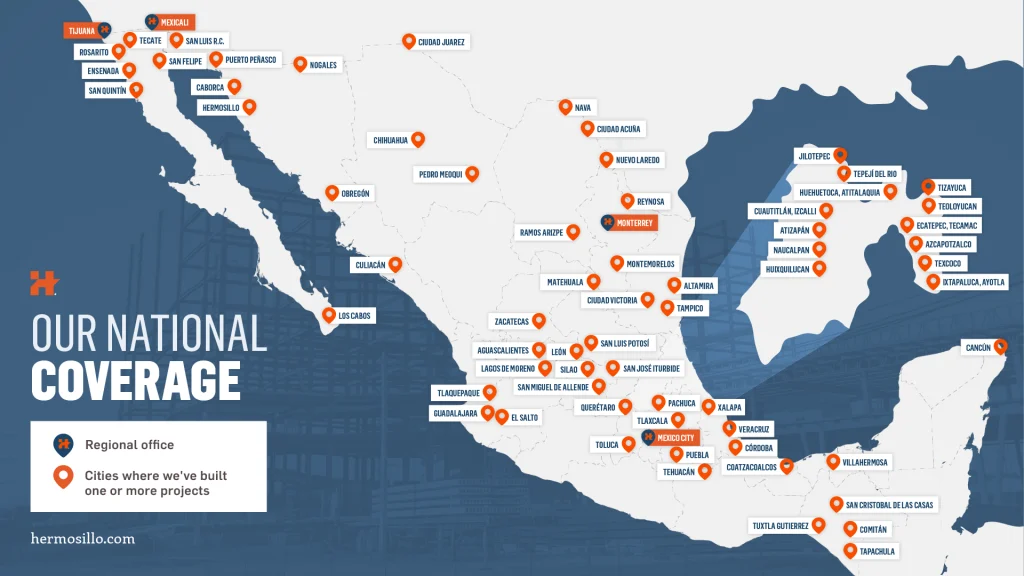 map of regional offices and cities where Hermosilo has built one or more projects in Mexico